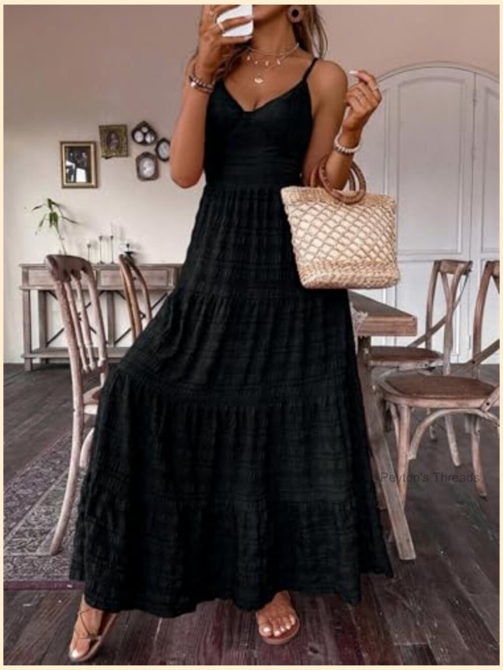 Spaghetti Strap Bow Tie Back Maxi Dress - Flowy Boho Beach Vacation Sundress - Picture 4 of 6